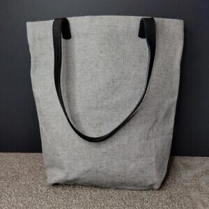 Ann Taylor LOFT Canvas Tote Grey Textured Black Leather Handles Bag
